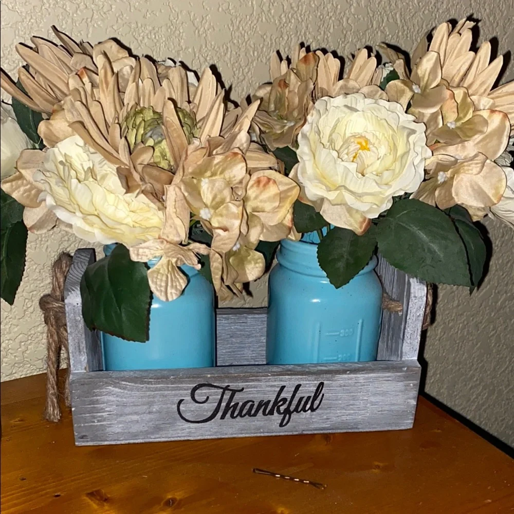 Blue and Cream Faux Floral Accents in Rustic Box